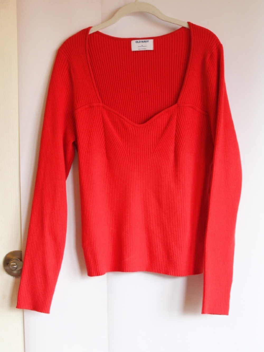 Cherry Red Ribbed Knit Sweetheart Neck Long Sleeve Top - Picture 2 of 5